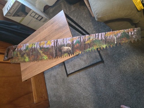  Hand Painted Antique/Vtg Cross Cut Saw PA Elk  Signed Tonya Dean-Smith