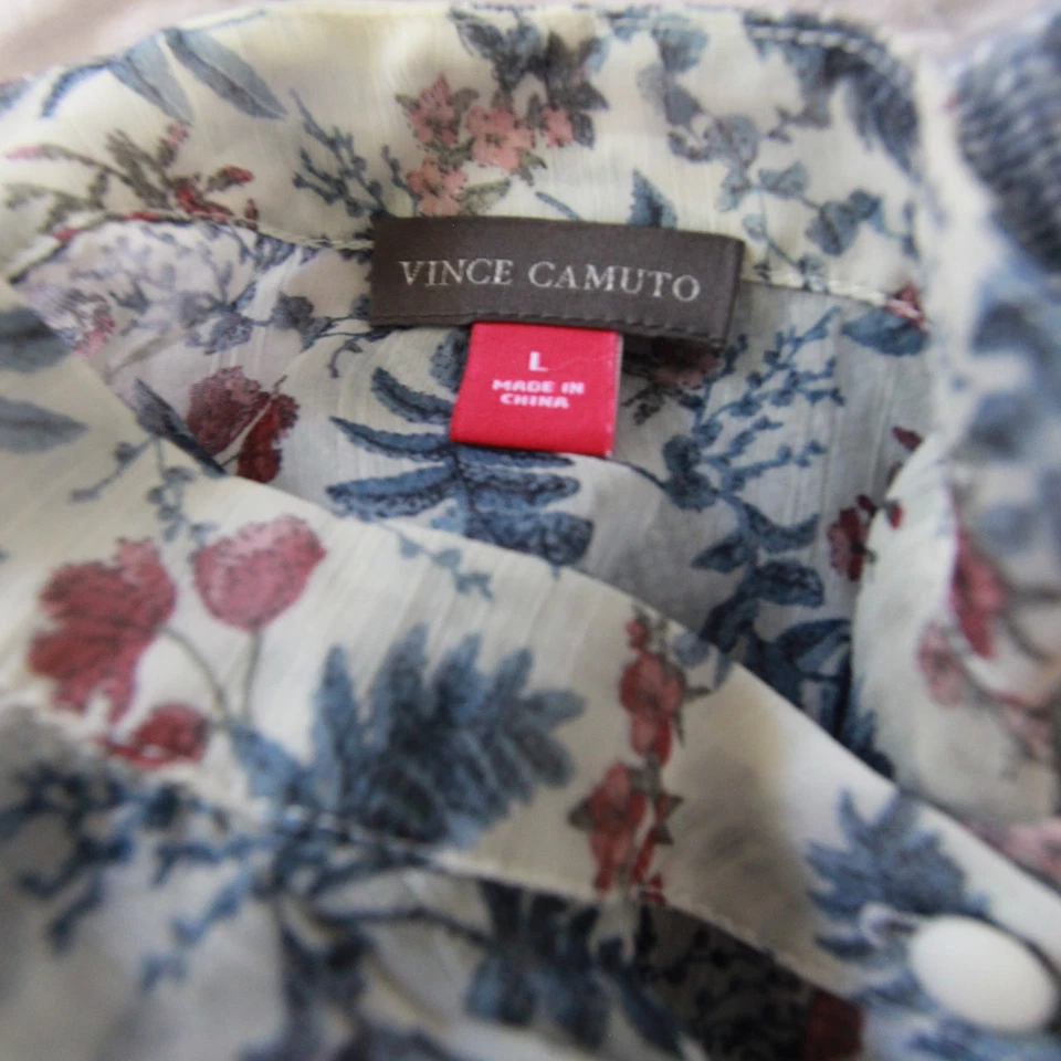 Top Vince Camuto Blanco y Azul Floral Volantes Manga Larga Gasa Talla Grande Foto 4 de 4