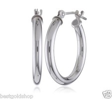 2mmX14mm Round Plain Shiny Tube Hoop Earrings Real 14K White Gold FREE SHIPPING
