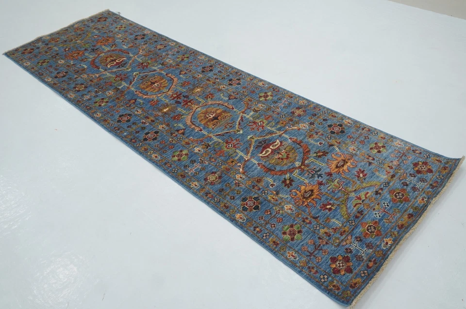 3 x 9 ft Blue Waziri Afghan Hand knotted Transitional Oriental Runner Rug - Image 2 of 4