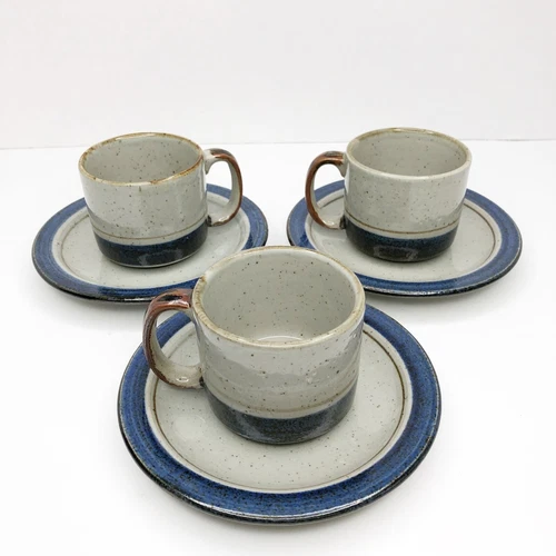 OTAGIRI MARINER Set of 3 Stoneware Mugs Cups and Saucers Japan Glazed Pottery 