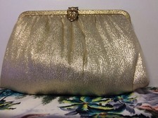 True Vintage Andes Sparkly Gold Clutch Evening Hand Bag Purse Rhinestone Clasp