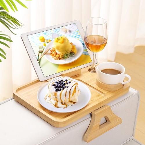 Couch Arm Table, Sofa Arm Tray with 360° Rotating Phone Holder & Cup Holder,