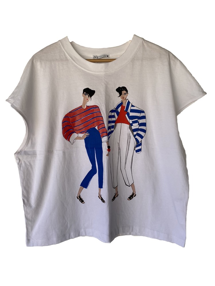 Zara Woman’s White Tee Fine Art Parisian Style High Fashion Textured Graphic NWT