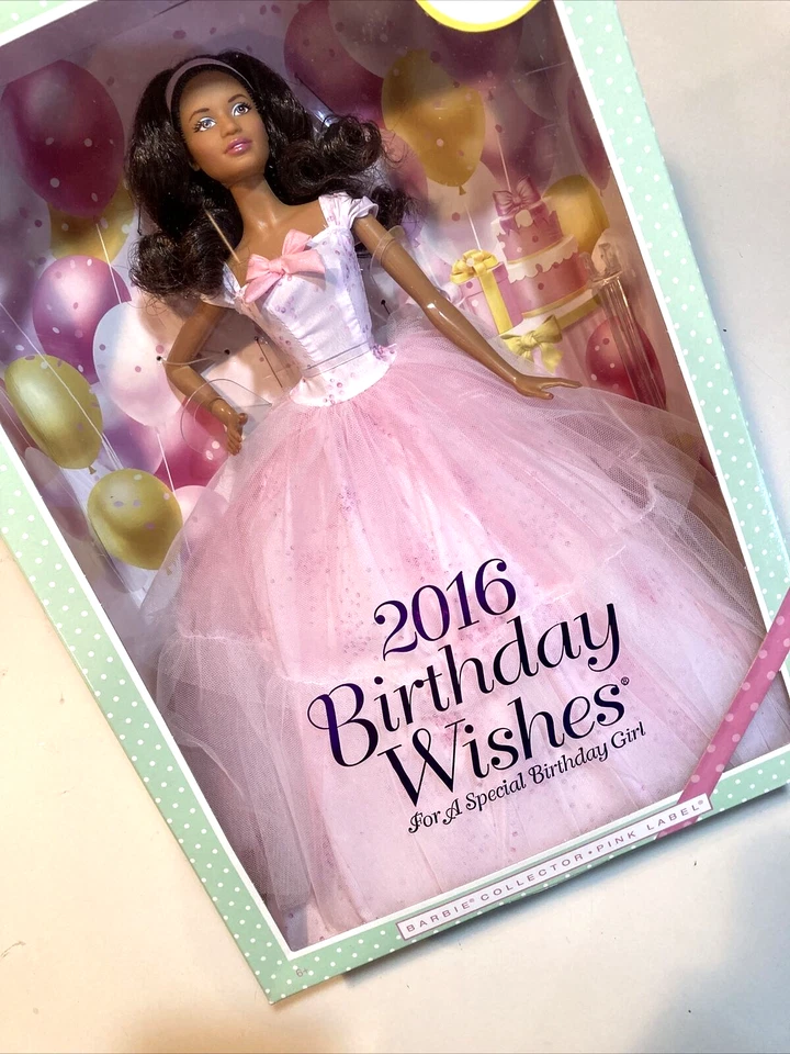 Deseos de cumpleaños Barbie coleccionista etiqueta rosa muñeca afroamericana Mattel 2016 🌸 Foto 3 de 4