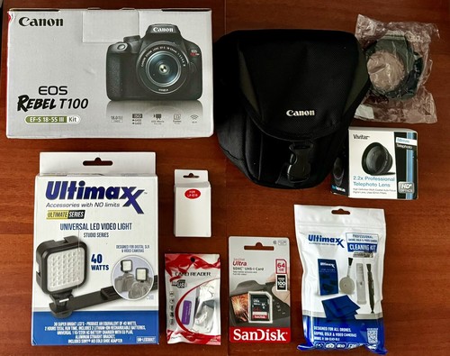 Canon T100 Digital SLR Camera with 18-55mm Lens + Extras