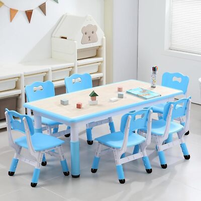 Kids Table and 6 Chair Set Adjustable Height Toddler Activity Art & Crafts Table