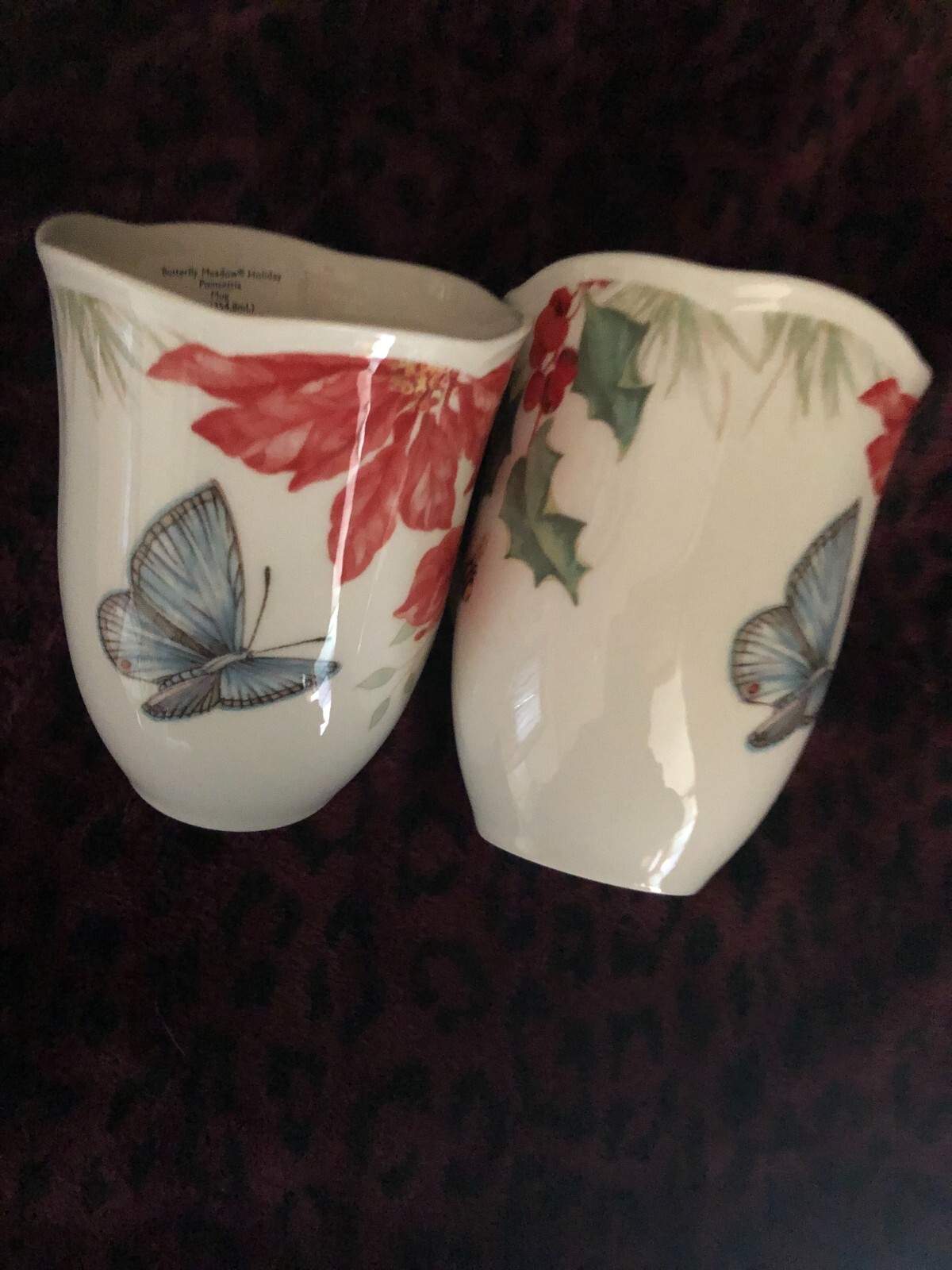 2 Lenox Butterfly Meadow Holiday Mugs PoinsettiaBlue Butterfly eBay