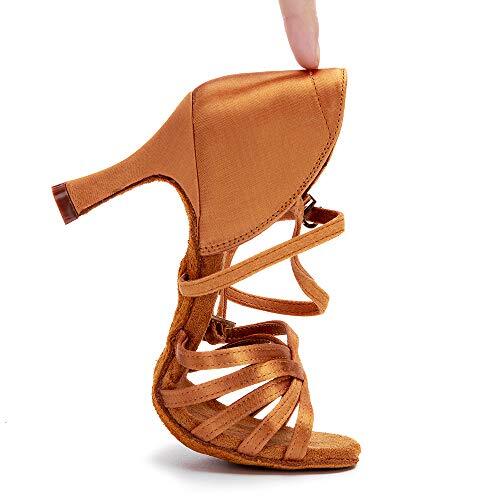 Chaussures de danse latine femme satin salle de bal professionnelle salsa 8 talons bronzés 2,8 pouces - Photo 4 sur 7