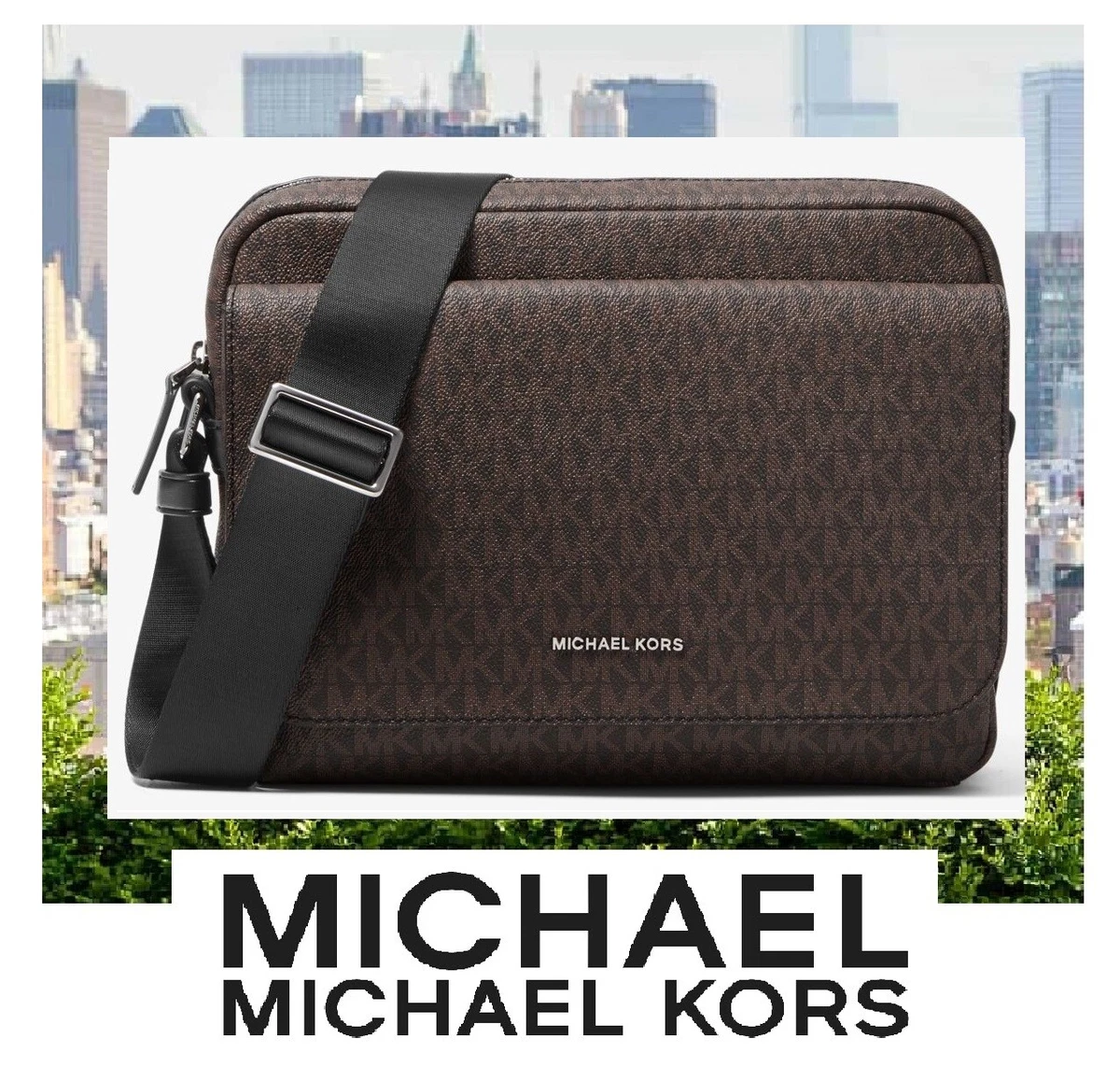 NWT Michael Kors Mens COOPER Logo Camera Crossbody Bag BROWN /BLACK MK  Signature