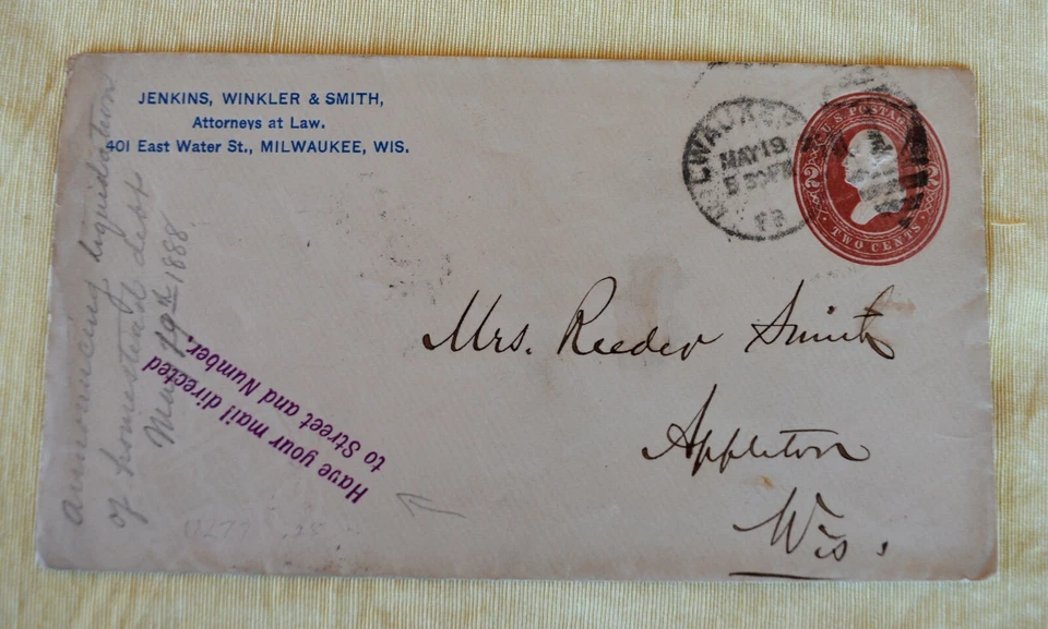 Antique 1888 US Postage Paid Env 2c Geo Washington #U278 Milwaukee to Appleton - Image 2 of 4