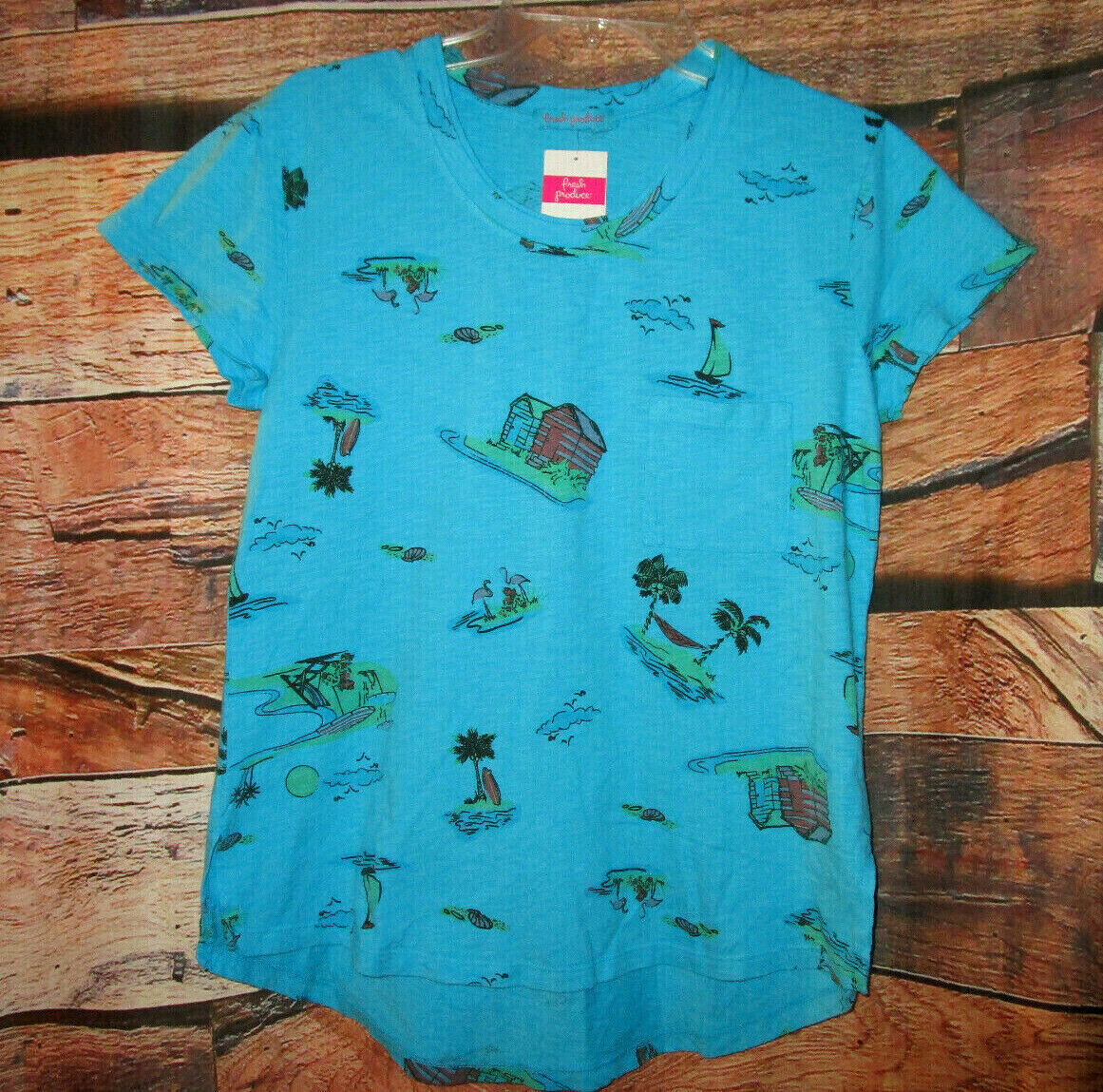 T shirt maglietta Fresh Produce XL Beachy Keen Janey blu turchese maglietta topica nuova con etichette