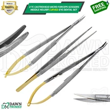 3 Pcs Curved T/C Castroviejo Micro Surgery Scissors Needle Holder German Grade