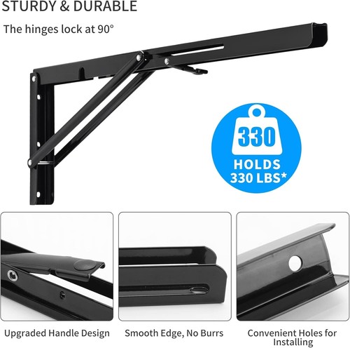Folding Shelf Brackets, 24 In Heavy Duty L Bracket, Black DIY Collapsible Shelf - Picture 4 of 7