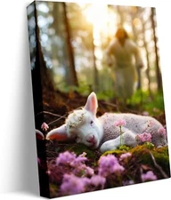 Jesus and Lamb Canvas Wall Art Jesus Runs for the Lost Sheep In Spring