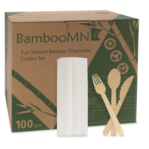 BambooMN Veneer Bamboo Wood Utensils 4pc Flatware Set - Twine Tied - Picture 9 of 9