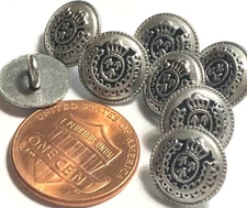 8 Small Domed Silver Tone Metal Shank Buttons Heraldic Crown 11mm 7/16" 11770