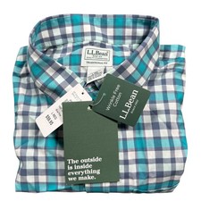 L.L. Bean Sport Shirt Mens L Blue Pine Wrinkle Free Cotton Plaid Long Sleeve NEW