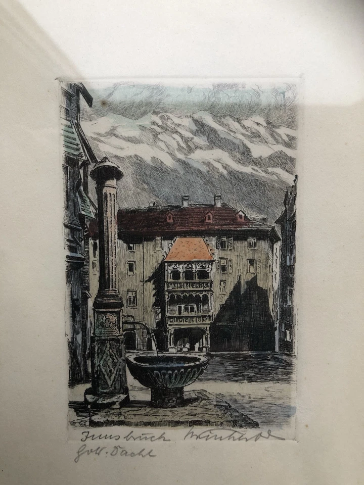 Radierung kolorierte Lithografie Innsbruck Brunnen Goldenes Dachl - Bild 4 von 4
