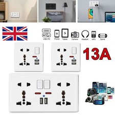 1-10pc Double Wall Plug Socket 2 Gang 13A 2 Charger USB Ports Outlets Flat Plate