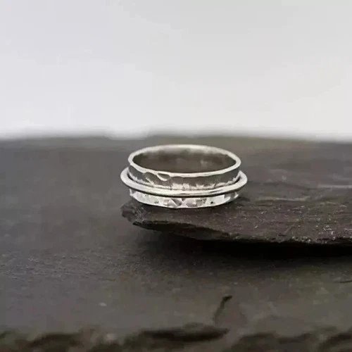 Solid 925 Silver Minimalist Spinner Ring Hammered Ring Anxiety Ring Woman Ring