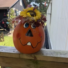 Fall Ghourd Pumpkin with A Funny Face. 10 T x 8 Inch Halloween Decor
