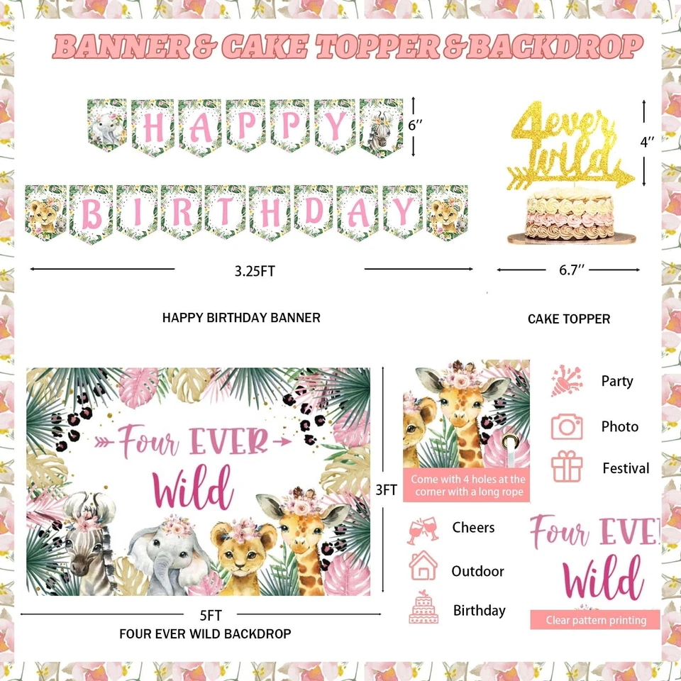 Четыре когда-либо дикий день рождения украшения девочка, джунгли сафари животных тема 4 часть... - Изображение 3 из 4