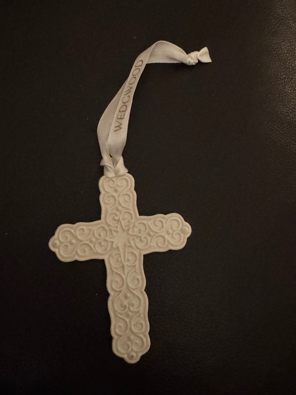 Vintage Wedgwood England Embossed Cross Christmas Ornament White Ivory Porcelain