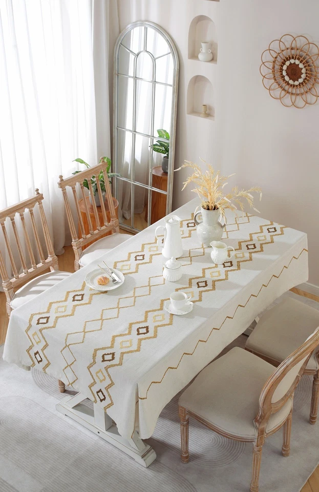Baroque Tufting Plant Geometric Zigzag Tablecloth Coffee Dining Table Cover Gift - Image 2 of 4