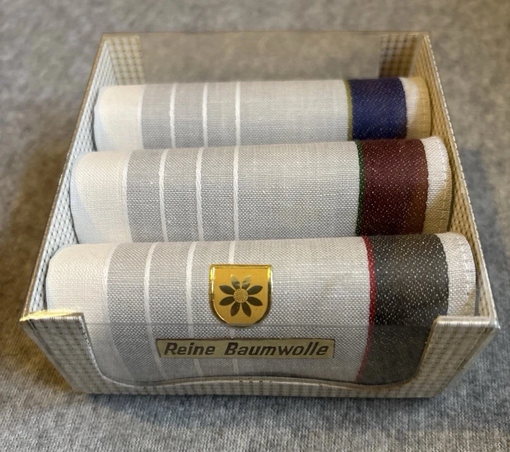 3 Stofftaschentücher in Original Verpackung, Vintage, 100 % Baumwolle, Neu