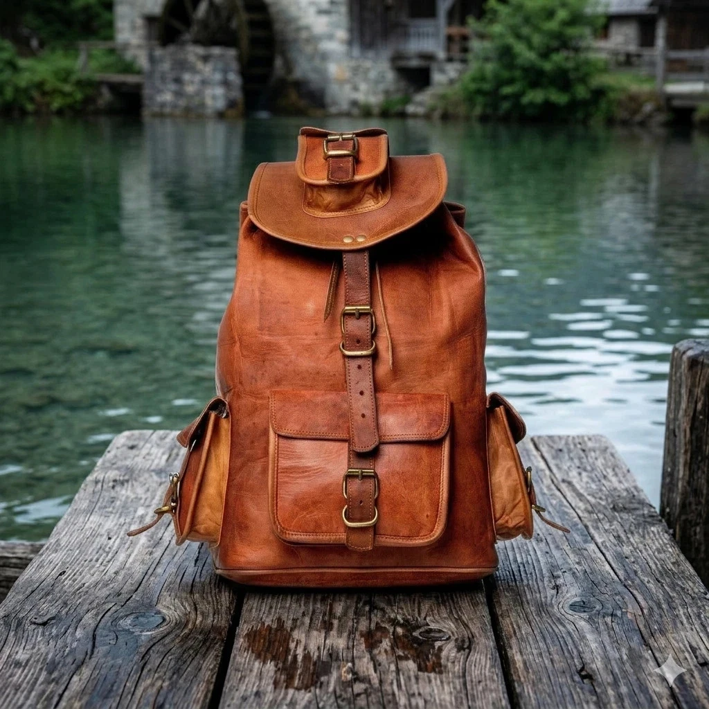 Leather Bag Goat Laptop Backpack Travel Men's Brown New