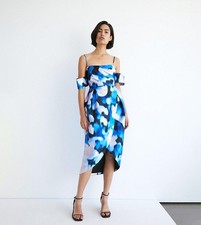 BNWT Warehouse Blue Abstract Tulip Skirt Dress Size 10 Strappy Satin Evening