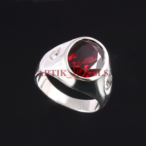 Naturale Granato Gemma Con 14K Placcato Oro Bianco Anello Argento per Uomo #2777 - Foto 1 di 15