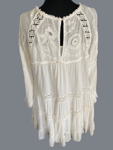 FREE PEOPLE BOHO Sz XS PIECE OF YOUR HEART EMBROIDERED MINI DRESS TUNIC IVORY - Picture 6 of 10