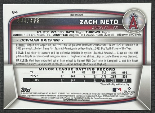 Zach Neto 2023 Bowman #BCP-64 Chrome Refractor /499 Prospect Card LA Angels - 第 2/3 張圖片
