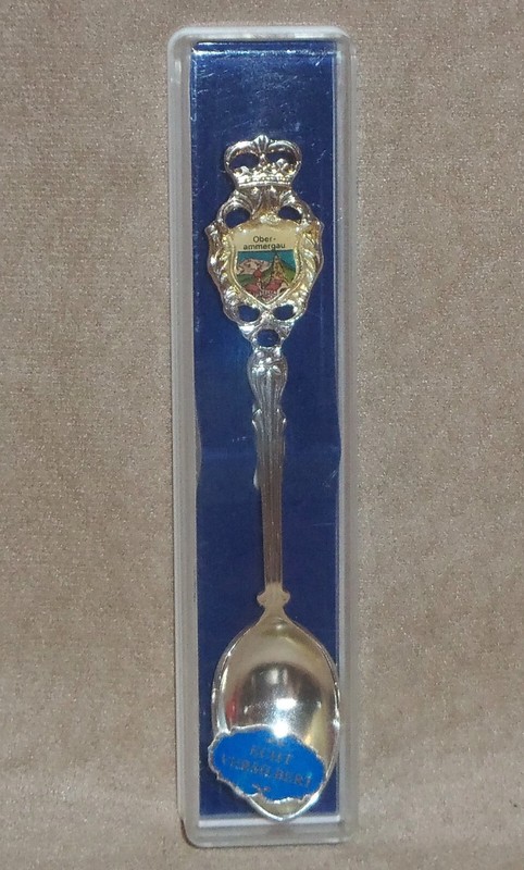 Vintage OBERAMMERGAU GERMANY SILVER PLATE Souvenir SPOON w Crown & Display Case