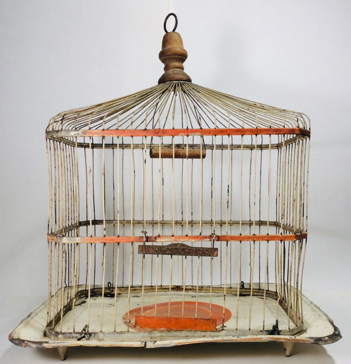 Early 1900s Antique HENDRYX Bird Cage Old White & Orange Paint 11 × 15