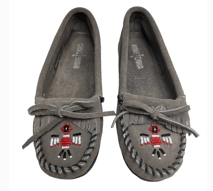 Minnetonka Suede Gray Beaded Thunderbird Southwestern Moccasins