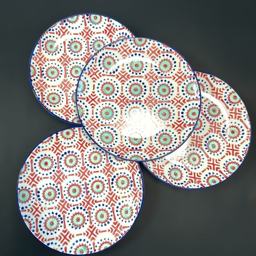 (4) Pier 1 Salad Plates Red & Turquoise Lily Pattern 8.25" Discontinued Set