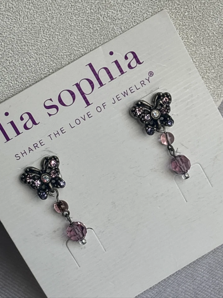 Brincos de borboleta Lia Sophia antigos tom prata roxo rosa cristais AB assinados - Imagem 3 de 4