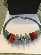 Turquoise Color Beaded Necklace With Multicolored Disks 24  Long