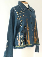 Life Style Petite Button Front Embroidered Cat Design Blue Denim Jacket Size M