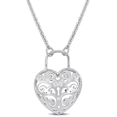 Amour Sterling Silver Heart Lock Charm Necklace - 16+3 in.