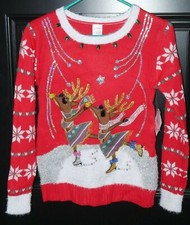 NEW Dancing Reindeer Ugly Christmas Sweater Holiday Festive, Youth Girl, Red
