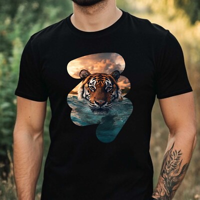 Herren T-Shirt Tiger schwimmt im Meer Motiv Baumwolle Größe XS bis 5XL