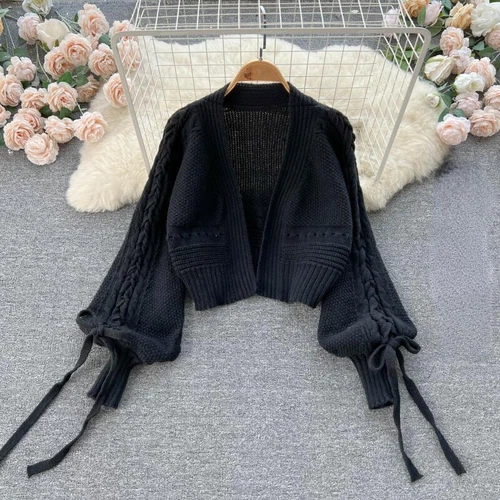 Lady Knitted Cardigan Top Coat Puff Sleeve Crop Winter Cute Casual Sweater Sweet - Imagen 15 de 19