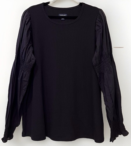 NEW-Studio Park Shawn Killinger Women's Rib Knit Top W Gathered Sleeve-Black-1X - Picture 2 of 5