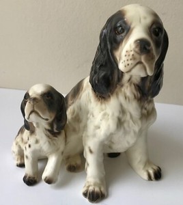 Lefton English Springer Spaniel Dog with Puppy Figurine - Japan - SUPER NICE
