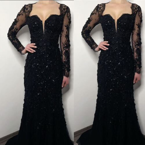 Gothic Mermaid Sequin Wedding Dresses with Long Sleeves Black Lace Bridal Gowns - Afbeelding 1 van 9