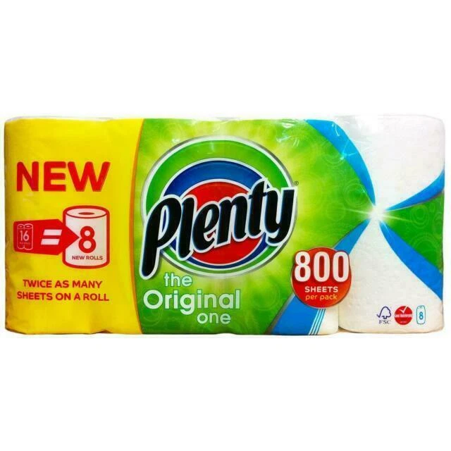 8 x Plenty Kitchen Roll The Original One 100 2 ply 800 Sheets Paper Towels uk
